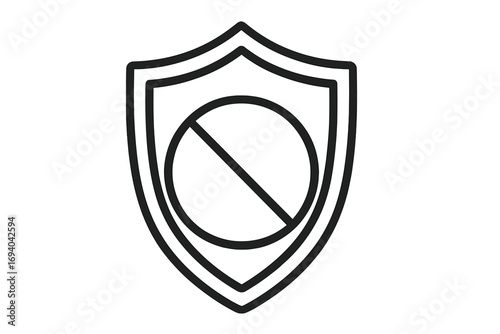 No protection icon. Unprotected shield with prohibited sign. Insecure, vulnerable concept. Danger, warning, risk symbol. No security, access denied metaphor. Vector.