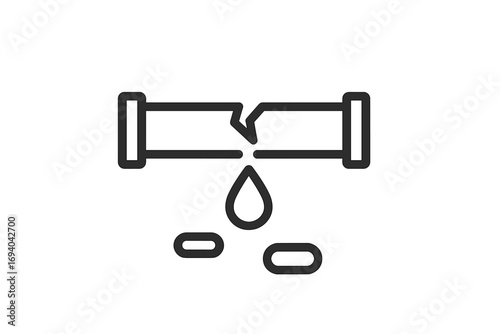 Broken pipe water leak icon. Dripping pipeline symbol. Plumbing problem, burst pipe, damage concept. Vector line illustration for water leakage, water damage, repair service.