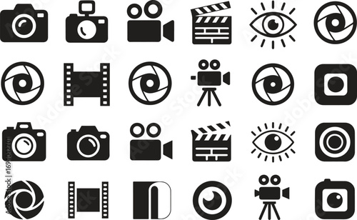 Camera and Video Icon Set – Photography, Filming, and Media Symbols Clipart Vector Illustration