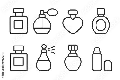 Minimalistic Perfume Icon Set with Linear Outline Style, Fragrance Bottles Collection for Web Design, Apps, Banners, Social Media, and Graphic Projects, Vector Illustration