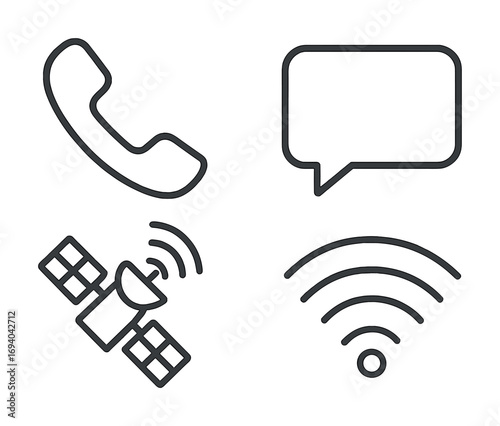 Communication icons: phone, message, satellite, wifi symbols for connectivity