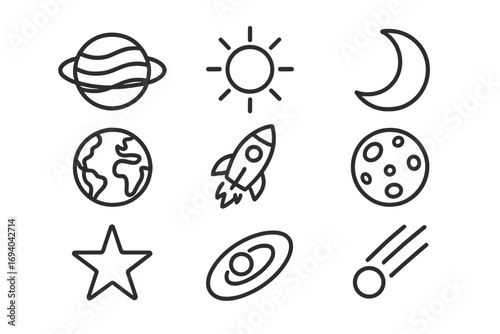 Set of Cosmos Related Line Icons with Planet, Sun, Moon, Earth, Rocket, Star, Galaxy, Comet. Outline Space Signs for Graphic and Web Design, Apps, Advertisements, Cards, Vector Illustration