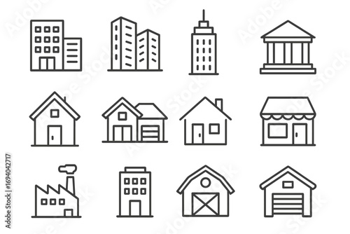 Building line icon set. Real estate and property vector symbols. House, home, office, skyscraper, factory, store, bank, barn icons for web, app, UI, UX design. Editable stroke.