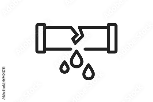 Broken pipe icon, water leak and dripping drops. Plumbing problem symbol. Pipeline burst, water damage concept vector illustration. Emergency repair and maintenance sign.