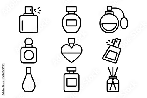 Perfume Line Icon Set, Minimalistic Linear Pictograms for Web and Graphic Design, Apps, Banners, Social Media, and Cards, Vector Cartoon Illustration of Fragrance Bottles and Diffusers