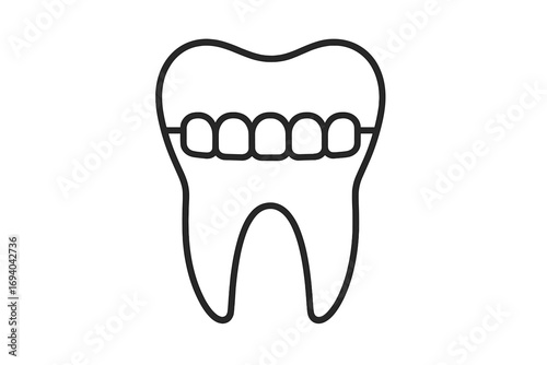 Orthodontic braces on a molar tooth. Vector line icon for dentistry and dental care concept. Symbol of teeth alignment treatment by an orthodontist. Oral hygiene illustration.