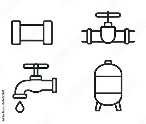 Line art of plumbing icons: pipes, valves, faucets, and tanks