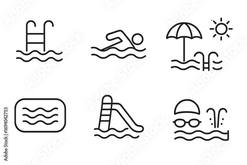 Minimalistic Swimming Pool Line Icons Pack, Vector Linear Pictogram Set for Web, Graphic Design, Apps, Banners, Social Media, Cards, Swim, Water Recreation, Summer