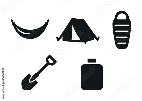 Camping essentials icons: hammock, tent, sleeping bag, shovel, canteen for outdoor adventures