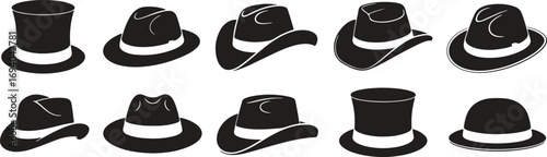 Hat Icon Pack Silhouette Collection of Vintage, Cowboy, Top Hat Designs Vector Illustration
