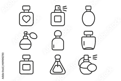 Minimalistic linear perfume icon set, vector cartoon illustration for web, graphic design, apps, banners, social media, cards, fragrance bottles, spray, scent symbols