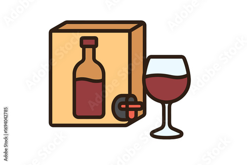 Wine in box with tap and glass of red wine. Vector cartoon icon. Bag-in-box wine dispenser. Concept for alcohol, beverage, party, celebration, bar menu, winery, packaging.