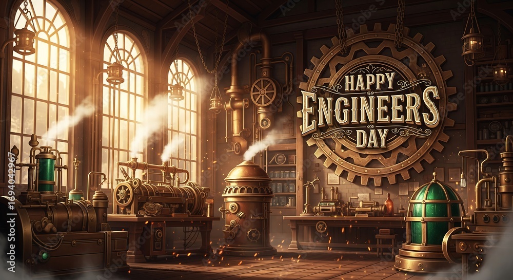 Obraz premium Steampunk Workshop with Happy Engineers Day Text