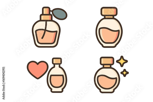 Perfume icon set vector. Fragrance bottle symbol collection. Cartoon cosmetic beauty graphic. Scent atomizer spray illustration. Aroma parfum for app, web. Love gift concept.