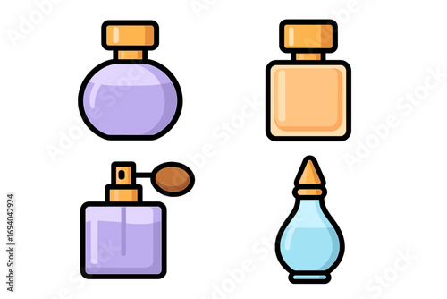 Perfume bottle icon set for cosmetics and beauty concepts. Vector cartoon illustration of various fragrance spray and parfum bottles. Isolated symbols for graphic design, apps.