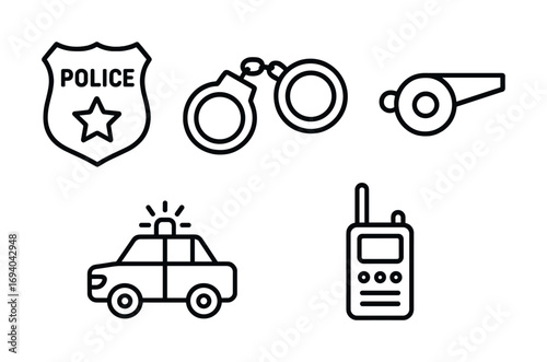 Police equipment: badge, handcuffs, whistle, police car, radio icons