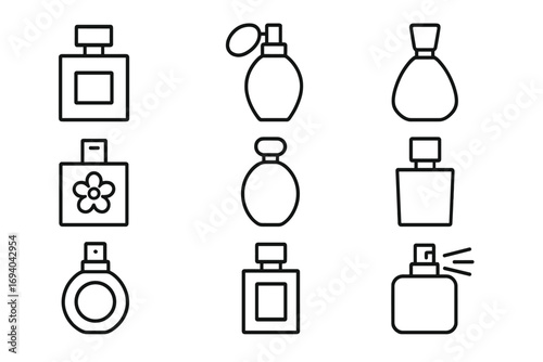Minimalistic perfume line icon collection. Linear pictograms of fragrance bottles for web, graphic design, apps, social media, banners, cards, vector cartoon illustration