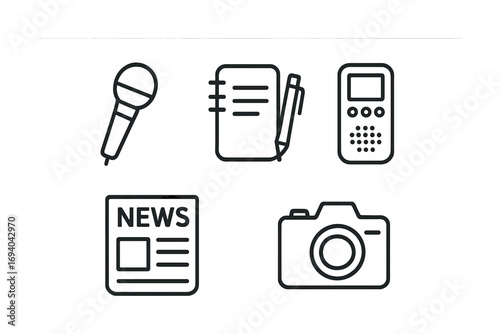 Journalism tools: microphone, notebook, recorder, newspaper, camera icons