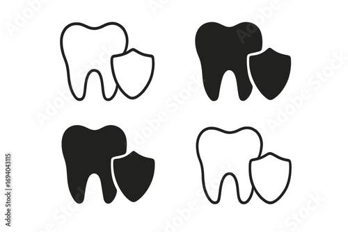 Minimalistic tooth with shield icon dental protection symbol, vector cartoon illustration for web design, dental apps, banners, social media, oral care, health concept