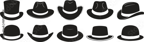 Hat Silhouette Set. Vintage Fedora, Top Hat, Cowboy, Classic Styles Clipart Vector Illustration