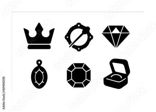 Collection of jewelry icons featuring crown, brooch, diamond, pendant, gem, and ring box
