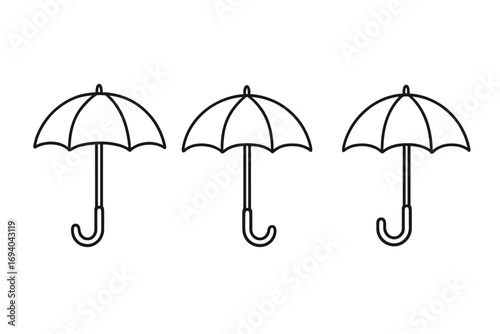 Umbrella, parasol, bumbershoot outline icon set. Vector graphic for weather, rain, and protection concepts. Simple sign or symbol for insurance, safety, web design, app.