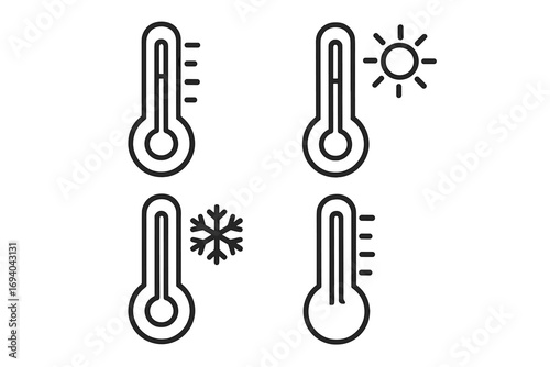 Thermometer icon bundle. Temperature and weather symbols. Hot and cold, heat and freeze icons with sun and snowflake. Meteorology forecast vector line art with editable stroke.