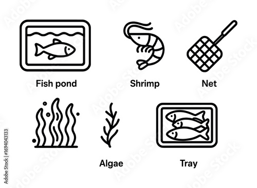 Aquatic elements: fish pond, shrimp, algae, net, and tray icons in black and white