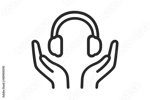 Customer service icon with hands holding headphones. Call center support, help desk or podcast concept. Audio guide, music listening, technical assistance outline symbol.