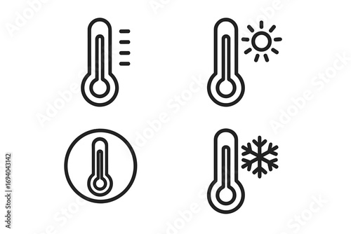 Thermometer icon set weather forecast. Temperature symbol collection. Hot sun cold snowflake icons. Climate heat and frost. Meteorology measure degree celsius fahrenheit vector.