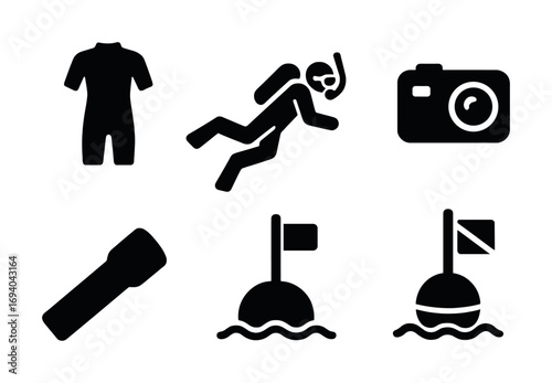 Diving gear icons: wetsuit, snorkeling diver, camera, flashlight, buoys with flags
