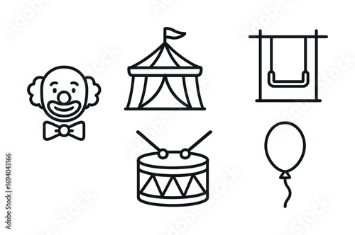 Circus icons: clown, tent, trapeze, drum, balloon