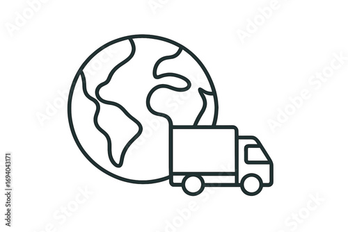 Minimalistic line icon of Planet Earth with delivery truck, global shipping and logistics concept, worldwide transportation symbol, vector illustration for web, apps, banners, social media, and cards