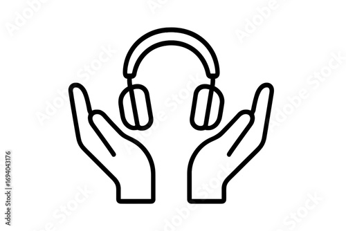 Hands holding headphones outline icon. Concept for customer support, call center, podcast, audiobook, or music. Audio guide, help service, hotline pictogram. Vector graphic.