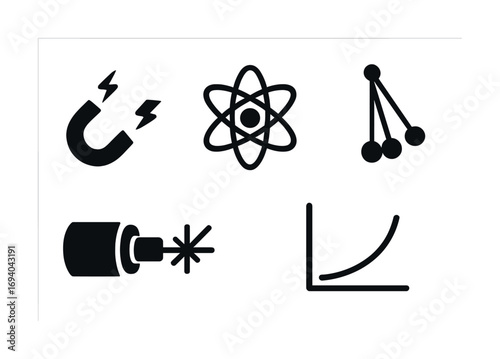 Science and physics icons set featuring magnet, atom, newton's cradle, laser, graph