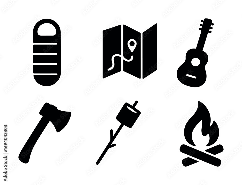 Obraz premium Camping essentials icons: sleeping bag, map, guitar, axe, marshmallow, campfire