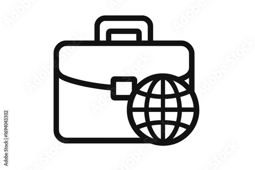 Global business icon, international work concept with briefcase and globe. Worldwide career, corporate portfolio and management symbol. Finance vector line art for web.
