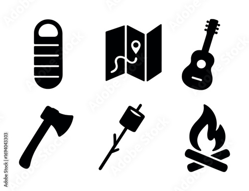 Camping essentials icons: sleeping bag, map, guitar, axe, marshmallow, campfire