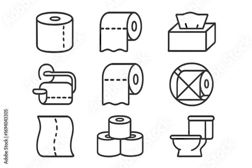 Toilet paper line icon set. Vector bathroom outline symbols. WC, lavatory, restroom hygiene concept. Sanitary items, tissue box, paper roll, toilet bowl pictograms collection.