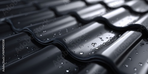 The metal roof tiles glistening with water droplets after a fresh rain shower