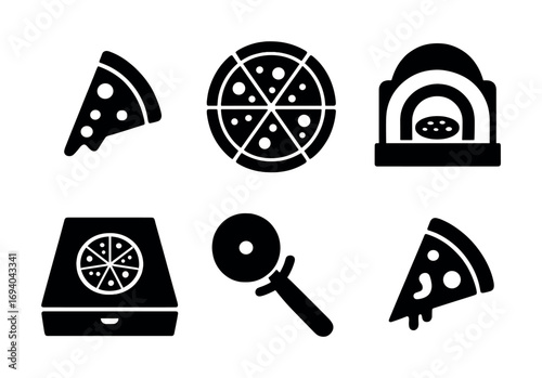 Pizza icons set: slices, whole, oven, box, cutter on white background
