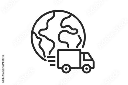 Minimalistic thin icon of planet Earth with delivery truck, global shipping and logistics, web and graphic design, apps, banners, social network cards, vector cartoon illustration