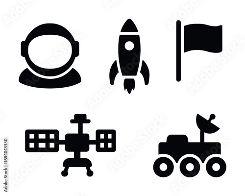 Space exploration icons: astronaut helmet, rocket, flag, satellite, rover