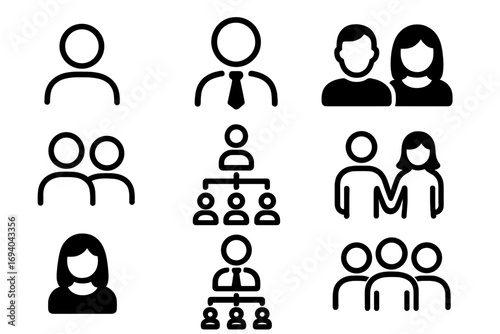 Related outline icon set with people silhouettes, employers, couples, hierarchy charts, group and user symbols for graphic design, websites, cards, books, articles, and business illustration vectors