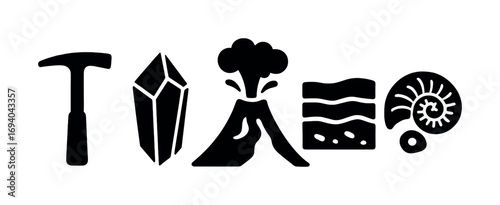 Geology icons: hammer, crystal, volcano, stratification, ammonite