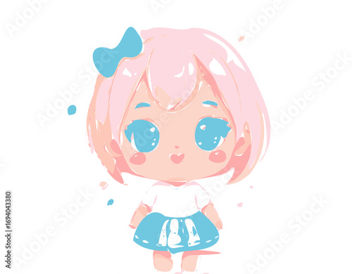 Cute kawaii chibi girl with pink hair, big blue eyes, pastel outfit and bow, adorable cartoon character design for kids, anime, sticker, mascot, or illustration set