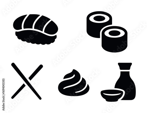 Sushi icon set: sushi, roll, chopsticks, soy sauce, wasabi