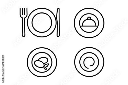 Minimalistic plate line icon collection, linear vector pictograms with cutlery, food tray cover, chicken drumsticks, swirl design for web, apps, banners, social media, graphic design