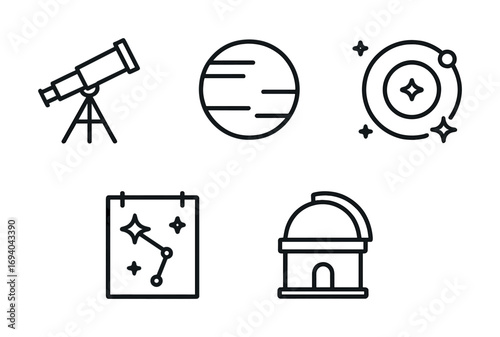 Astronomy icons: telescope, planet, orbit, constellation, observatory