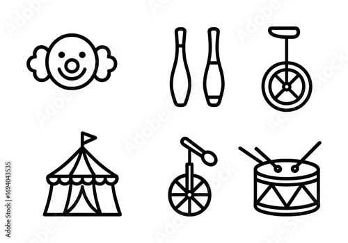 Circus icons set: clown, clubs, unicycle, tent, penny farthing, drum
